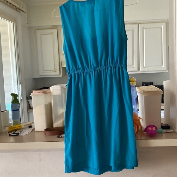 Dress teal cutsy v neck no sleeve belt tie on corner - Picture 6 of 8